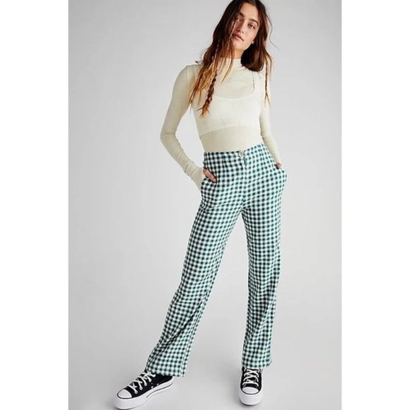 Free People Pants - NEW 44 US 10-12 Free People Nice Things Vichy Checks Green Linen Pants Gingham